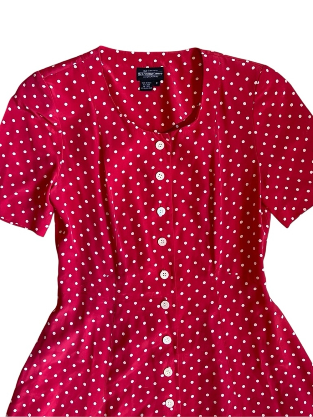 J. Peterman Sz 8 Red Polka Dot 100% Silk Button Front Fit & Flare Maxi Dress - Picture 3 of 14